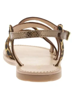 Sandales en cuir marrons satinées à détails léopards et à talon décroché bas