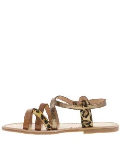 Sandales en cuir marrons satinées à détails léopards et à talon décroché bas