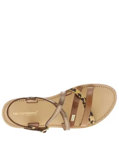 Sandales en cuir marrons satinées à détails léopards et à talon décroché bas