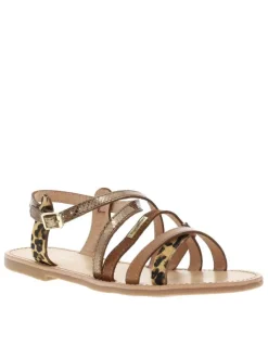 Sandales en cuir marrons satinées à détails léopards et à talon décroché bas