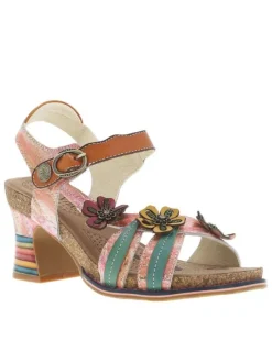 Sandales en cuir multicolores avec des fleurs et à talon décroché moyen