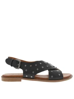 Sandales en cuir noires à clous à talon décroché bas et à boucle à ardillon