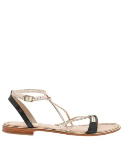 Sandales en cuir noires et or roses avec des sangles et à talon décroché bas