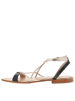 Sandales en cuir noires et or roses avec des sangles et à talon décroché bas