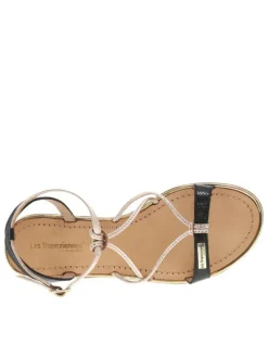 Sandales en cuir noires et or roses avec des sangles et à talon décroché bas
