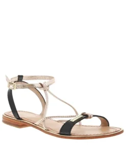 Sandales en cuir noires et or roses avec des sangles et à talon décroché bas