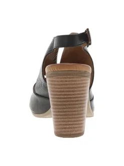 Sandales en cuir noires à talon décroché haut aspect bois et à boucle à ardillon