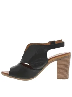 Sandales en cuir noires à talon décroché haut aspect bois et à boucle à ardillon