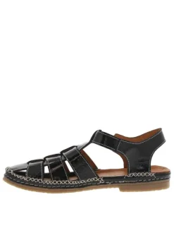 Sandales en cuir noires vernies avec des surpiqûres beiges et talon décroché bas