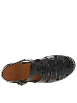 Sandales en cuir noires vernies avec des surpiqûres beiges et talon décroché bas