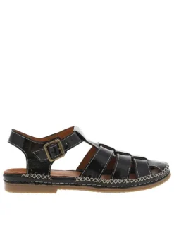 Sandales en cuir noires vernies avec des surpiqûres beiges et talon décroché bas