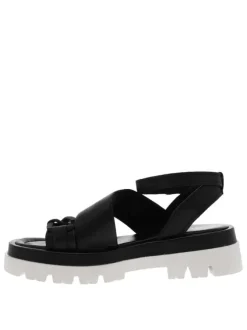 Sandales en cuir noir à semelle chunky contrastée et bande auto-agrippante