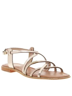 Sandales en cuir or roses avec des sangles croisées et à talon décroché bas