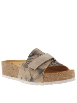Sandales en cuir suède beige, semelle en liège compensé et bande auto-agrippante