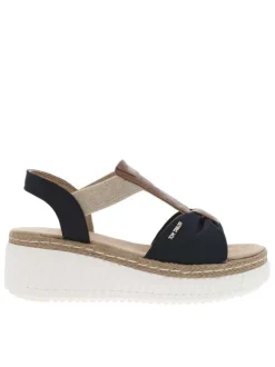 Sandales en tissu bleues marine et camel à talon compensé bas en gomme écrue