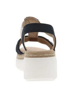 Sandales en tissu bleues marine et camel à talon compensé bas en gomme écrue