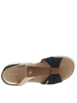 Sandales en tissu bleues marine et camel à talon compensé bas en gomme écrue