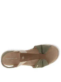 Sandales en tissu kakis et camel à talon compensé bas en gomme écrue