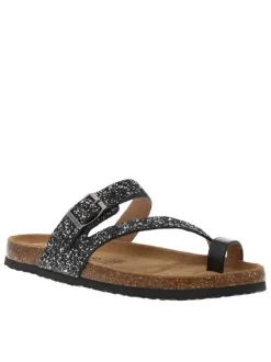 Sandales entre-doigts à glitter argent et noir, plates à première pur cuir