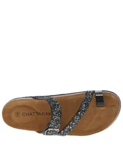 Sandales entre-doigts à glitter argent et noir, plates à première pur cuir