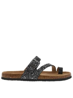 Sandales entre-doigts à glitter argent et noir, plates à première pur cuir