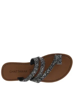 Sandales entre-doigts à glitter argent et noir, plates à première pur cuir