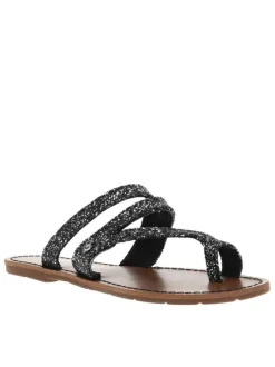 Sandales entre-doigts à glitter argent et noir, plates à première pur cuir