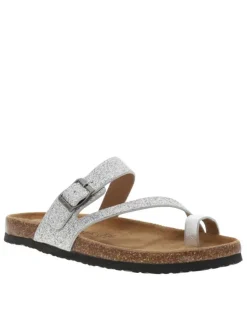 Sandales entre-doigts à glitter argenté, plates à première pur cuir