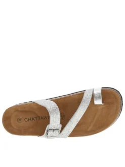 Sandales entre-doigts à glitter argenté, plates à première pur cuir