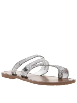 Sandales entre-doigts à glitter argenté, à semelle plate et première pur cuir