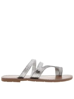 Sandales entre-doigts à glitter argenté, à semelle plate et première pur cuir