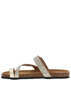 Sandales entre-doigts à glitter doré et or, plates à première pur cuir