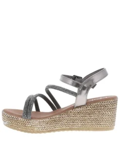 Sandales grises anthracite satinées à sangles à strass et à talon compensé