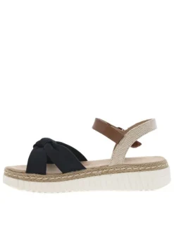 Sandales marine, beiges et marrons avec une sangle nouée et à talon compensé bas