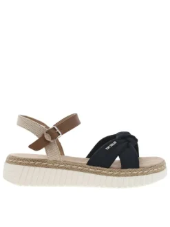 Sandales marine, beiges et marrons avec une sangle nouée et à talon compensé bas