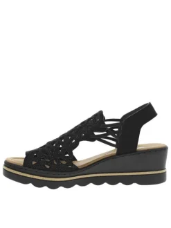 Sandales noires avec une tige élastiquée à petits strass et à talon compensé
