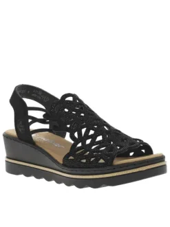 Sandales noires avec une tige élastiquée à petits strass et à talon compensé