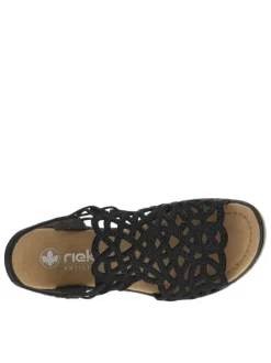 Sandales noires avec une tige élastiquée à petits strass et à talon compensé
