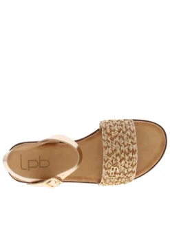 Sandales or roses en tressage avec une boucle à ardillon et à talon compensé bas