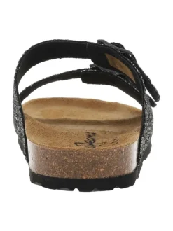 Sandales à sequins noirs brillant à semelle liège résiné et boucles à ardillons