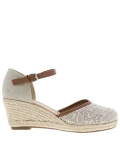 Sandales taupe avec des fleurs brodées à l'avant et à talon compensé