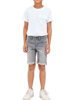 Short à 5 poches en coton gris uni avec une fermeture zippée et bouton