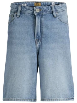 Short bleu délavé en coton biologique avec une coupe droite et 5 poches