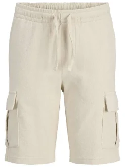Short cargo en coton écru uni avec une coupe droite et une taille élastiquée