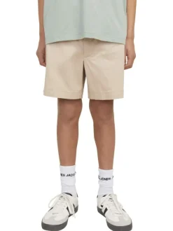 Short chino en coton beige uni à coupe ample avec 4 poches et cordon