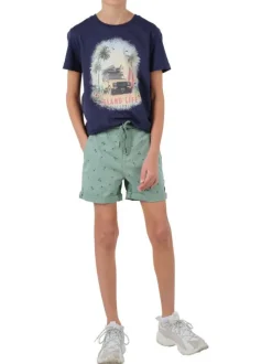 Short chino en coton kaki avec imprimé micro-palmiers marine et coupe courte