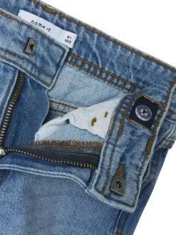 Short denim 5 poches bleu délavé en coton avec une coupe droite