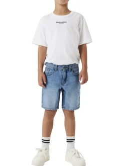 Short denim 5 poches bleu délavé en coton avec une coupe droite