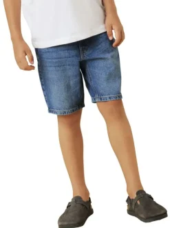 Short denim 5 poches en coton bleu indigo uni avec une coupe regular fit