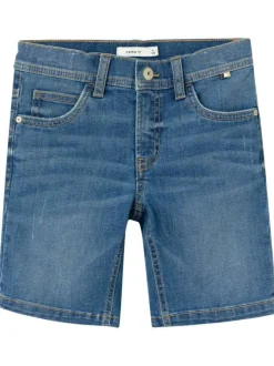 Short en coton biologique mélangé bleu uni avec une coupe droite